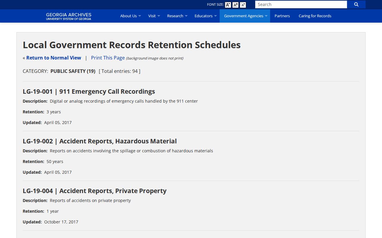 Georgia Archives local jail-record retention schedule used for Glascock release requests